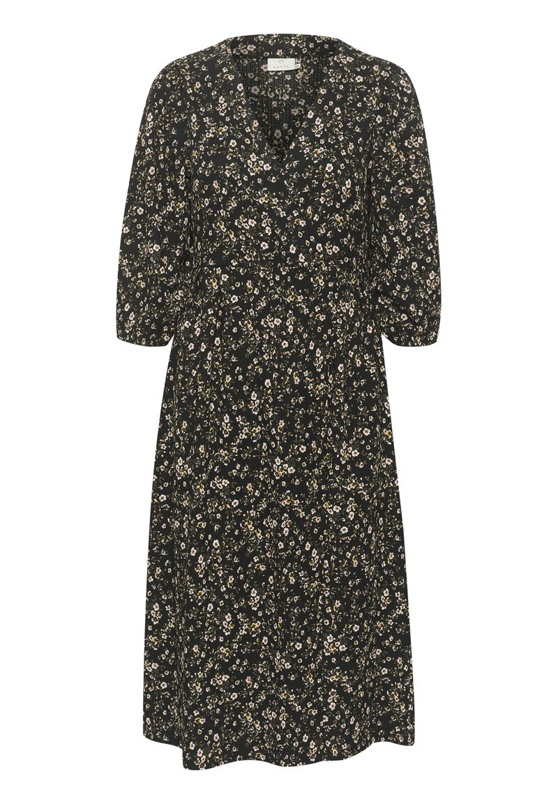 Svart blommig klänning med V-ringning, trekvartslånga ärmar och passad midja. Mönstret har små vita och gula blommor utspridda.