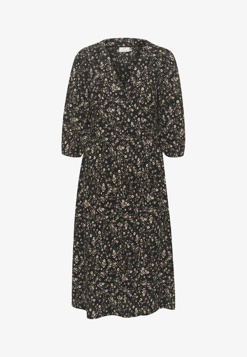 Svart blommig klänning med V-ringning, trekvartslånga ärmar och passad midja. Mönstret har små vita och gula blommor utspridda.