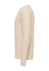 Béžový pletený svetr s dlouhými rukávy, žebrovanými manžetami a lemem, hladkou texturou; nabízí přiléhavý střih a minimalistický design.