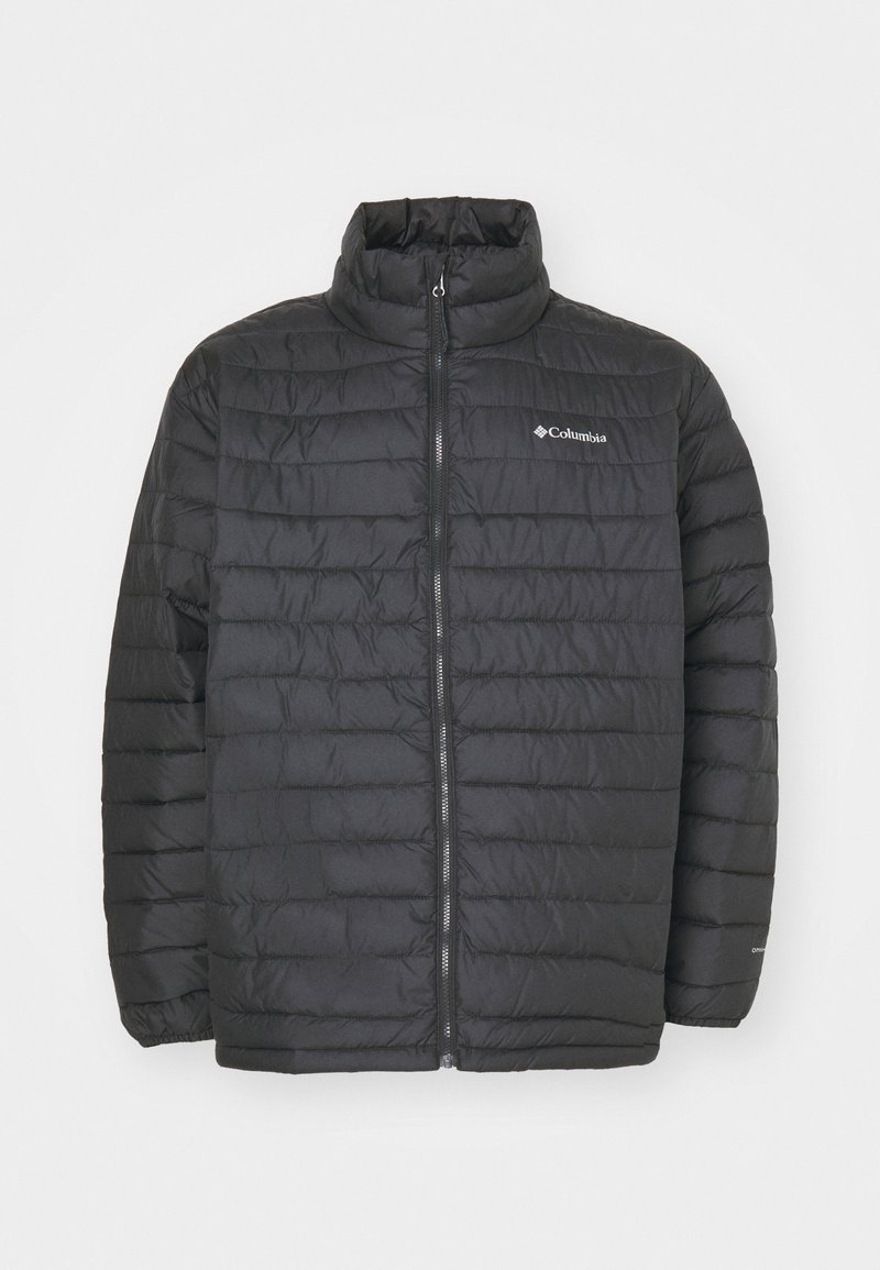 Μαύρη puffer ζακέτα με ψηλό γιακά, ραμμένο σχέδιο, μπροστινό φερμουάρ και μικρό λογότυπο στο στήθος. Το υλικό φαίνεται λείο και ελαφρύ.