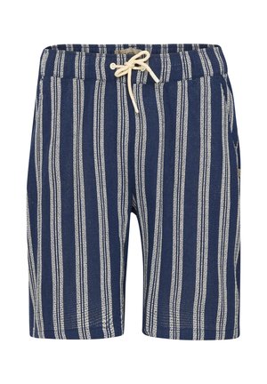 Navy and white striped shorts made from textured fabric, featuring an elastic waistband with a drawstring and a side pocket.