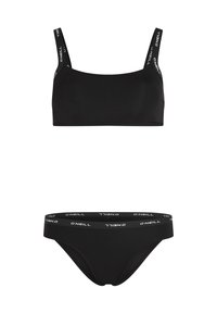 Čierny bikiny set s jednoduchým dizajnom. Vrchný diel má tenké ramienka s logom; spodný diel má pás s bielym logom "O'Neill". Hladká textúra.