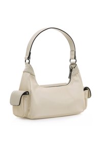 Borsa a spalla beige con un design strutturato, texture liscia e chiusura con zip. Presenta tasche laterali e un accento nero a contrasto.