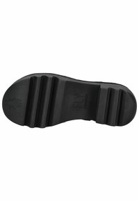 Suola di scarpa in gomma nera con scanalature testurizzate, caratterizzata dal logo del marchio e da una piccola grafica di insetto. Finitura liscia, forma piatta, design flessibile.