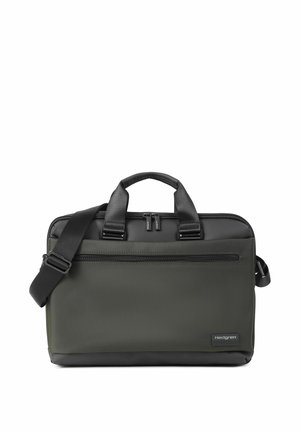Borsa rettangolare per laptop verde scuro e nera con doppi manici, tracolla regolabile, tasca frontale con cerniera e patch con logo Hedgren.