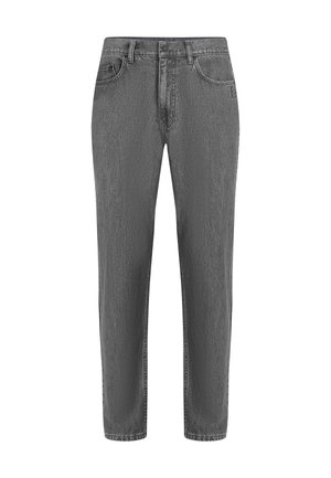 Jeans din denim gri cu un croi drept, având un design cu cinci buzunare, închidere cu nasture și detalii subtile de cusătură.