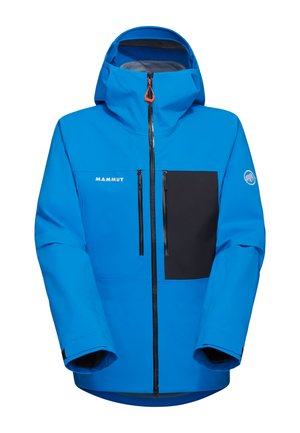 Blaue wetterfeste Jacke mit einer schwarzen Brusttasche, zwei mit Reißverschluss versehenen Handtaschen, verstellbarer Kapuze und elastischen Bündchen.