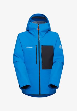 Veste bleue résistante aux intempéries avec une poche poitrine noire, deux poches avant zippées, capuche ajustable et poignets élastiques.