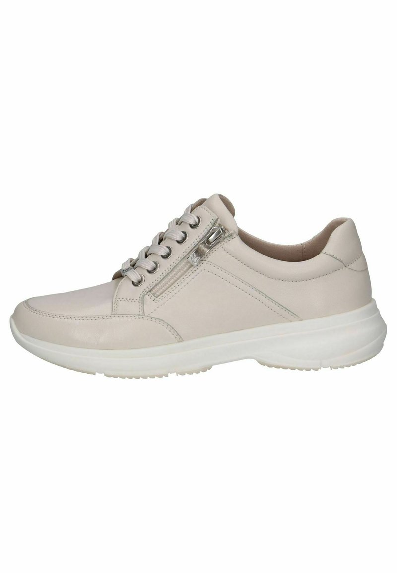 Heledad beež nahkseid sneakersid tekstuursete aktsentidega, ümar varvas, paeltega disain ja külgne tõmblukk. Paks valge kummist põhi haardeks.