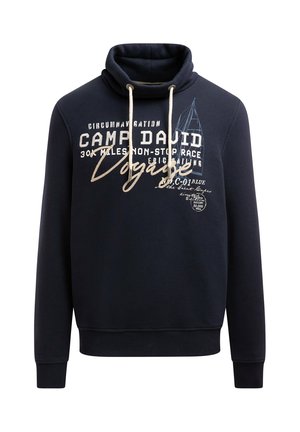 Navy hoodie with a high collar, drawstrings, and graphic print including text and a sailboat design. Made from soft cotton material.