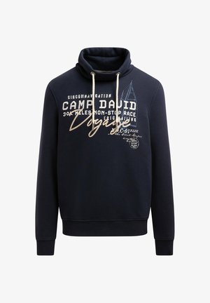 Navy hoodie with a high collar, drawstrings, and graphic print including text and a sailboat design. Made from soft cotton material.