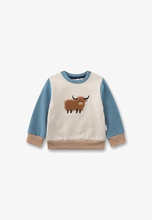 Light cream sweatshirt with blue sleeves, featuring a brown embroidered animal design. Textured ribbed cuffs and hem in tan. Button detail on shoulder.
