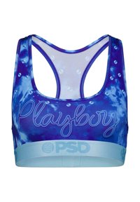 Sinine tie-dye spordirinnahoidja, millel on racerback disain, kaunistatud kristallist aksessuaaride ning hel Blue brändi elastse riba allservas.