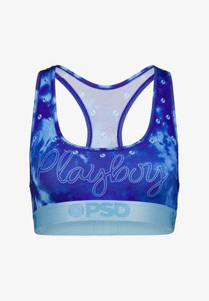 Blauer Batik-Sport-BH mit Racerback-Design, verziert mit Strassakzenten und einem hellblauen, mit Logo bedruckten Elastikband am Bund.