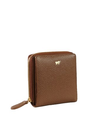 Portafoglio in pelle marrone con superficie texture, forma quadrata e logo con accento dorato. Caratterizzato da una chiusura con zip e un design slim.