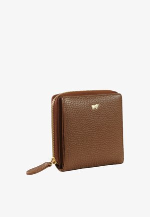 Portafoglio in pelle marrone con superficie texture, forma quadrata e logo con accento dorato. Caratterizzato da una chiusura con zip e un design slim.