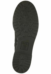 Suela de zapato de goma negra con un patrón texturizado de corazones, con una etiqueta que dice "ara High Soft". La suela tiene un diseño flexible.