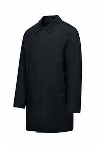 Zwarte jas van soepel materiaal, met een kraag, knoopsluiting, zijzakken en een loose fit met lange mouwen.