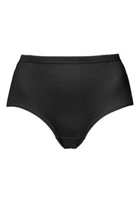 Svart högmidjad underkläder i ribbat tyg, med elastisk midjeband och benöppningar, med en slät yta och inga ytterligare mönster.