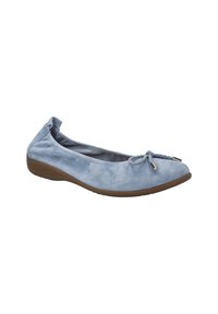 Scarpe flat in suede azzurro chiaro con parte superiore morbida, punta tondeggiante e lacci intrecciati decorativi sul davanti. Presentano una suola bassa in gomma marrone.