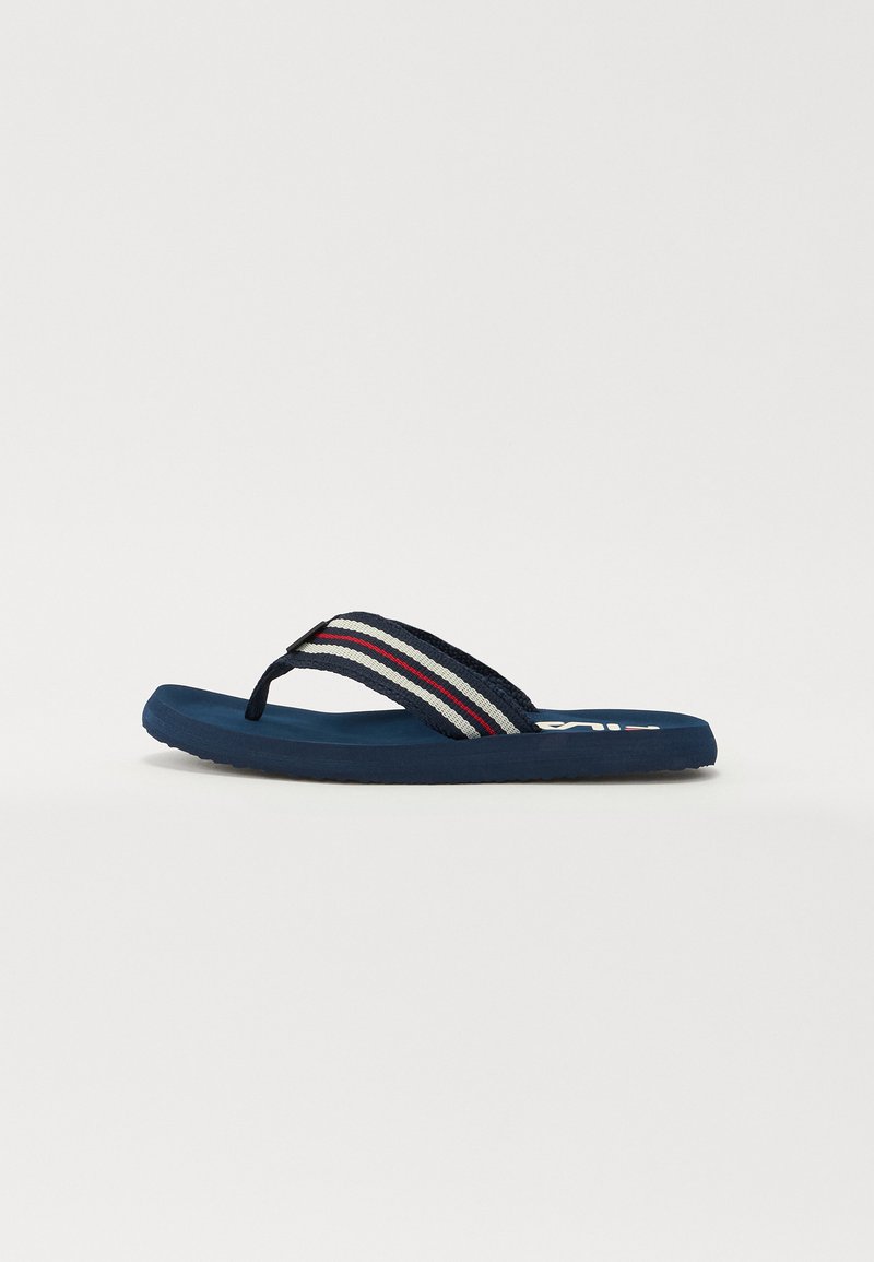 Navy flip-flop featuring a textured rubber sole, woven strap with white and red stripes, and a simple design.