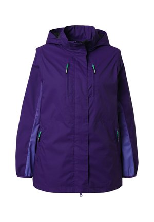 Fialová voděodolná bunda s kapucí, dvěma zipovými kapsami vpředu a kontrastními světle fialovými bočními panely. Zapínání na zip a ozdobné táhla.