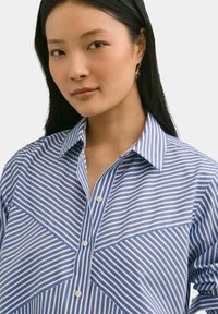 Blauw-wit gestreept overhemden met kraag en twee diagonale paneelontwerpen. Zachte stof met een gladde textuur.