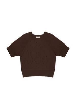 Brązowy krótki sweter z dzianiny z diamentowym, perforowanym wzorem, ściągaczem przy okrągłym dekolcie, mankietach i dolnym brzegu.