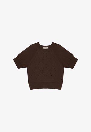 Braunes kurzärmliges Stricktop mit diamantförmigem, perforiertem Muster, geripptem Rundhalsausschnitt, Bündchen und Saum.