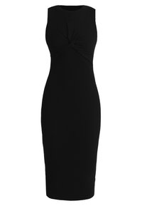 Robe midi noire sans manches avec texture côtelée et détail torsadé sur le devant au niveau de la poitrine, silhouette ajustée.