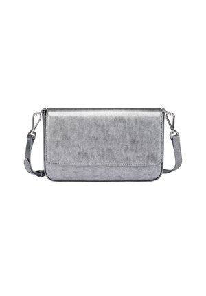 Metallic grey crossbody bag with a smooth texture, rectangular shape, flap closure, and adjustable strap. Features minimalistic design elements.