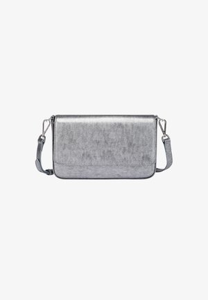 Metallic grey crossbody bag with a smooth texture, rectangular shape, flap closure, and adjustable strap. Features minimalistic design elements.
