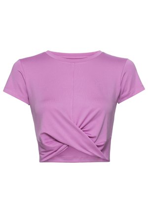 Short-sleeve, cropped t-shirt made of soft, stretchy fabric in light purple. Features a twisted knot detail at the front for added texture.