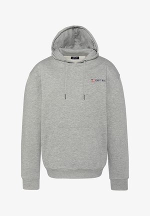 Sweat à capuche gris avec poche avant, cordon à la capuche et petit logo « Schott NYC » avec drapeau américain sur le côté gauche de la poitrine.