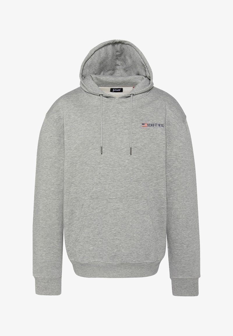 Sweat à capuche gris avec poche avant, cordon à la capuche et petit logo « Schott NYC » avec drapeau américain sur le côté gauche de la poitrine.