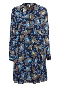 Abito navy con maniche lunghe, chiusura con bottoni e motivo floreale blu, giallo e bianco con accenti ondulati.