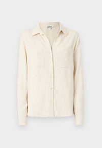 Light beige long-sleeve shirt featuring a button-down front, two chest pockets, and a classic collar in a textured fabric.