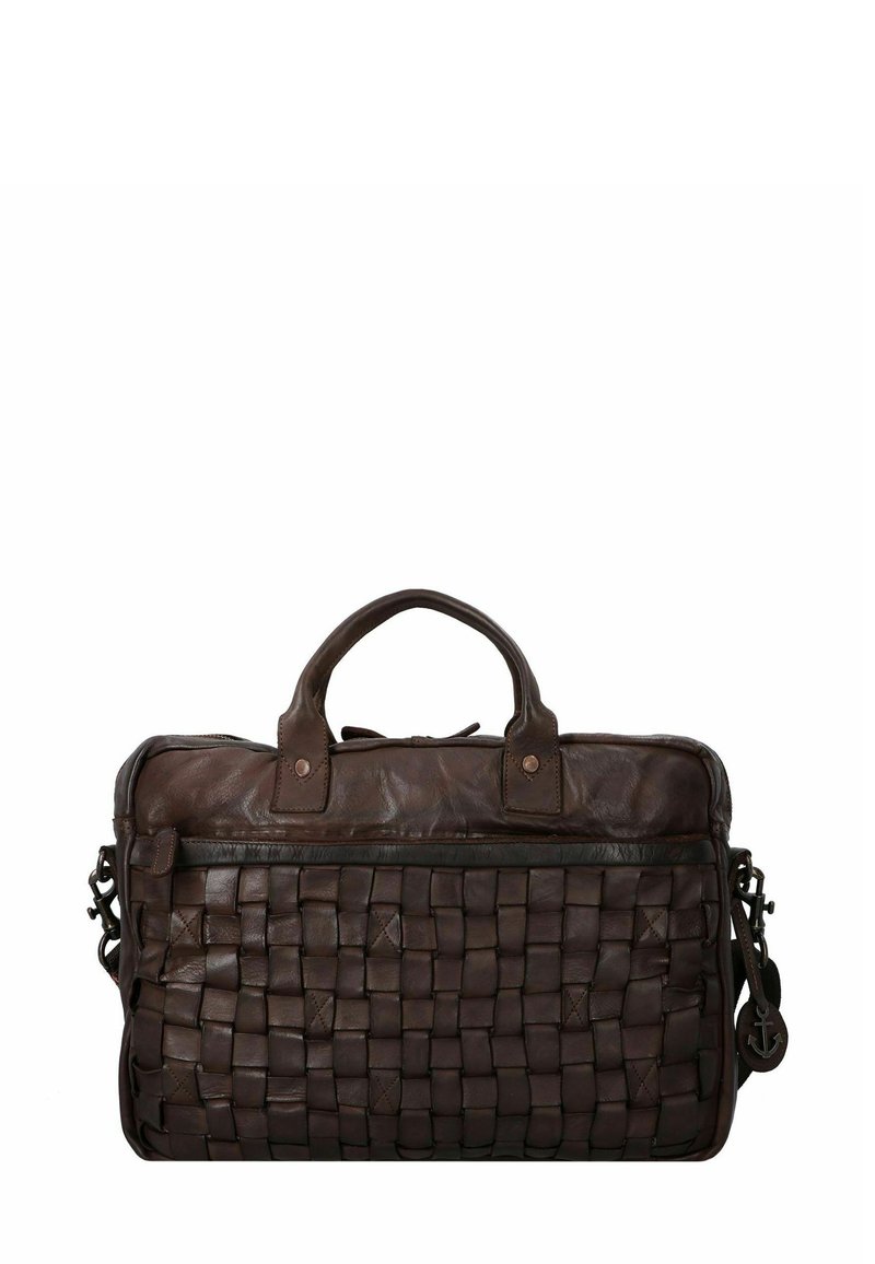 Borsa in pelle marrone con texture intrecciata, doppio manico superiore e tracolla rimovibile. Presenta un compartimento con zip e hardware decorativo.