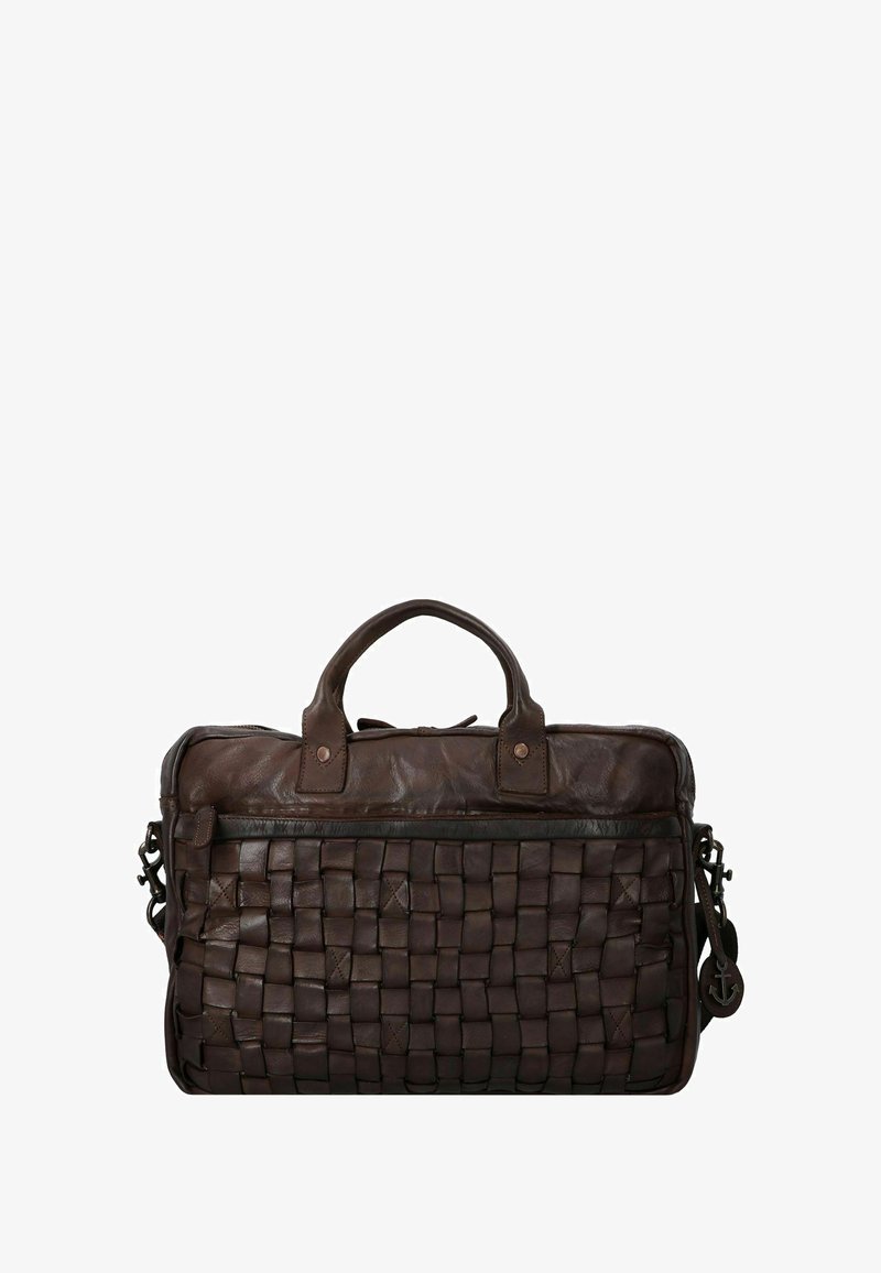 Borsa in pelle marrone con texture intrecciata, doppio manico superiore e tracolla rimovibile. Presenta un compartimento con zip e hardware decorativo.