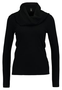Schwarzer langer Pullover mit einem großen, gefalteten Kragen im Cowl-Stil, aus geripptem Strickstoff.