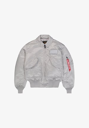 Graue Bomberjacke aus glänzendem Stoff mit Reißverschluss, gerippten Bündchen, zwei großen Fronttaschen und einem roten Etikett am Ärmel.