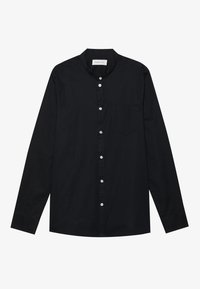 Zwart lang katoenen shirt met lange mouwen, voorzien van een opstaande kraag, knoopsluiting aan de voorkant en een borstzak met een effen textuur.