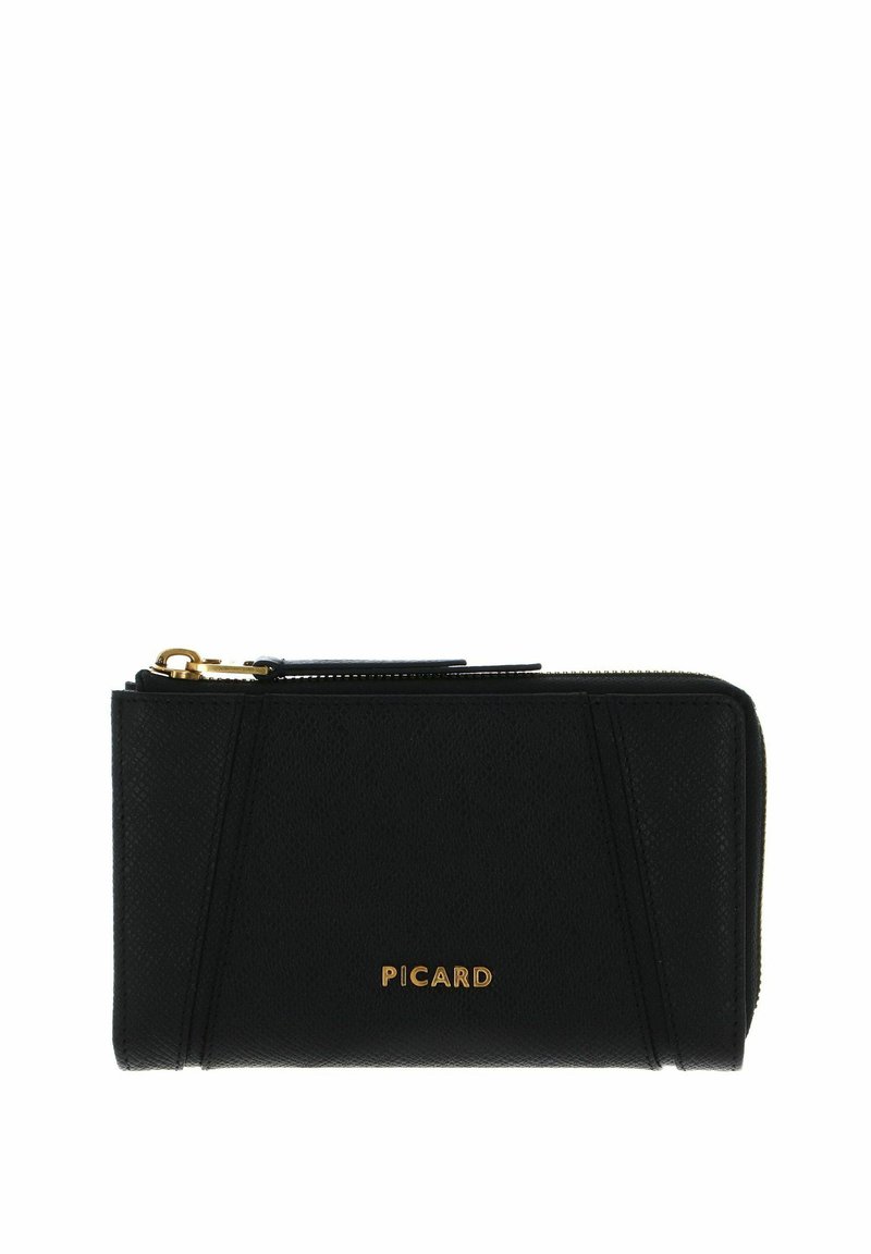 Portefeuille en cuir noir avec une finition texturée, une fermeture éclair en métal doré et le texte embossé en or "PICARD" sur le devant.