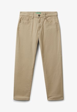 Khaki chinos vyrobené z kombinace bavlny, s klasickým pětitPocketovým designem, zipem a hladkým matným povrchem.