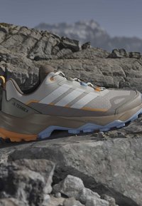 Chaussure de randonnée Adidas Terrex beige et orange reposant sur un terrain rocheux avec des montagnes floues en arrière-plan.