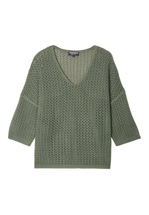 Olijfgroen gebreid sweater met V-hals, losse pasvorm, 3/4 mouwen en een open maaspatroon.