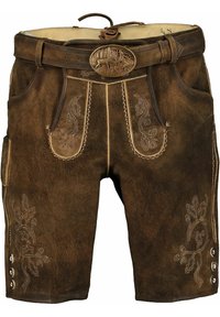 Bruine leren shorts met decoratieve borduursels, riemlussen en een gedetailleerde riemsluiting. Voorzien van zakken en knoopaccenten aan de zijkanten.