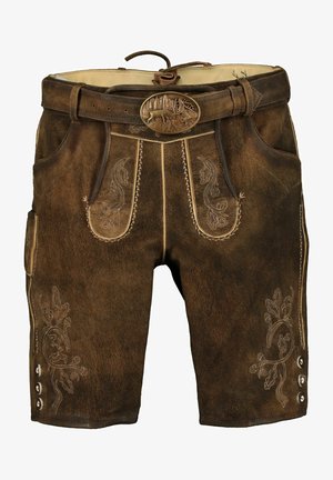 Braune Leder Shorts mit dekorativer Stickerei, Gürtelschlaufen und einer detailreichen Gürtelschnalle. Verfügt über Taschen und Knopfakzente an den Seiten.