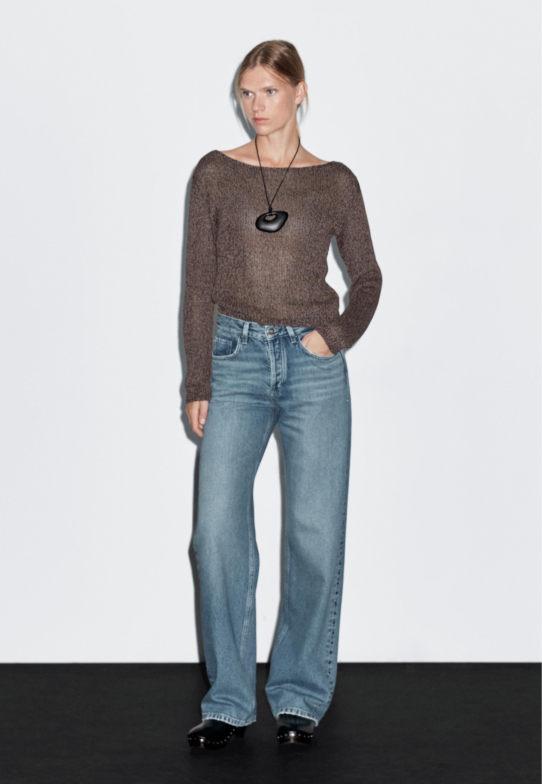 Massimo Dutti MID-RISE WIDE-LEG WITH STUDS - Wide Leg - blue