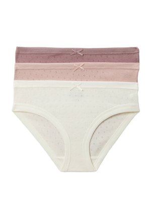 Culottes en coton pour femmes en blanc, rose clair et mauve, chacune ornée d'un petit nœud assorti à la taille et d'un motif discret en œillets.